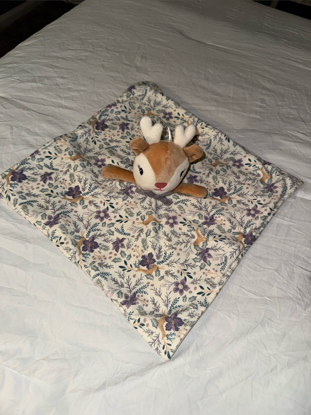 Plush Deer Head Lovey Tan and White with Purple Bow - Picture 5 of 6